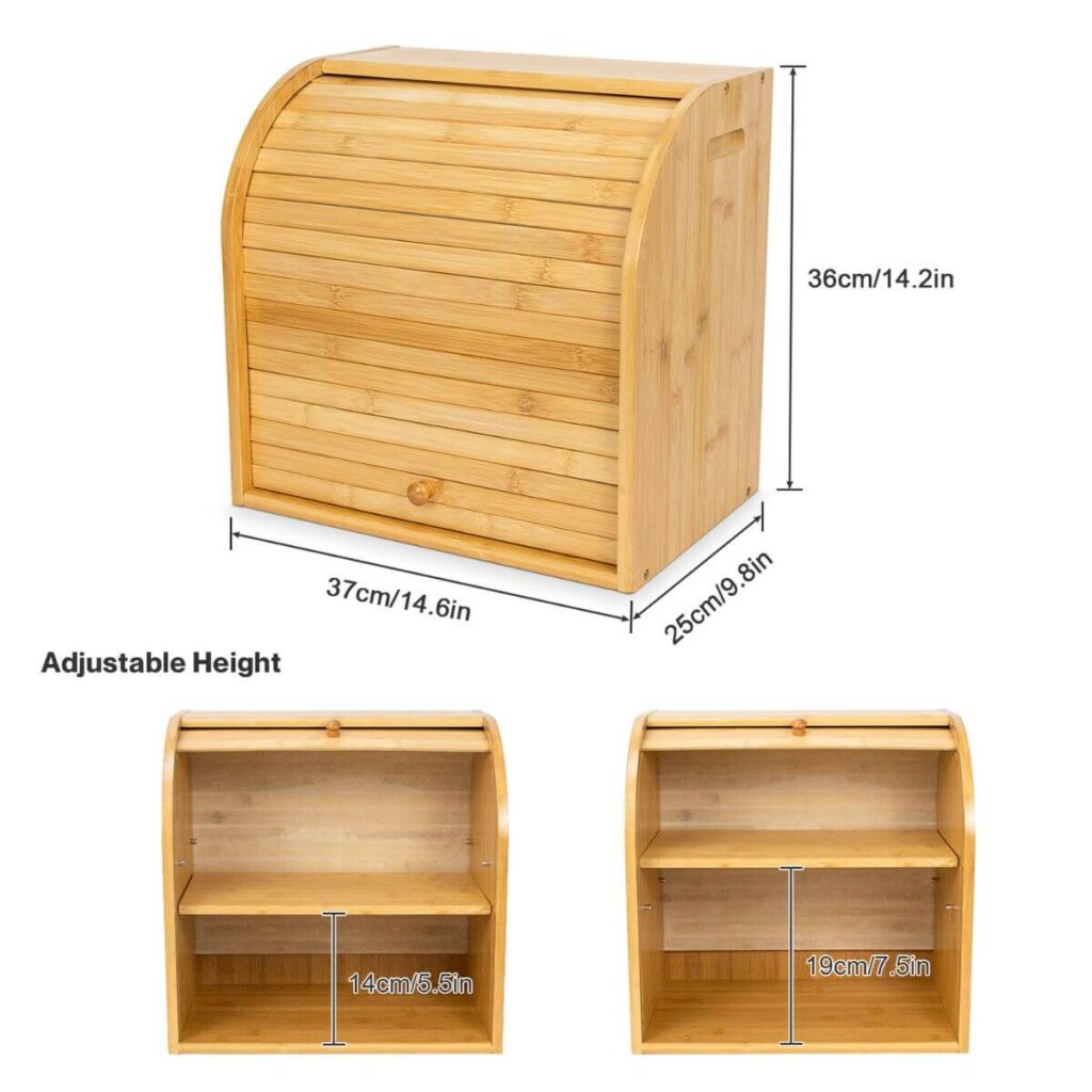 Bamboo roll-top bread box dimensions: 14.6 x 9.8 x 14.2 inches, adjustable shelf 5.5 or 7.5 inches.