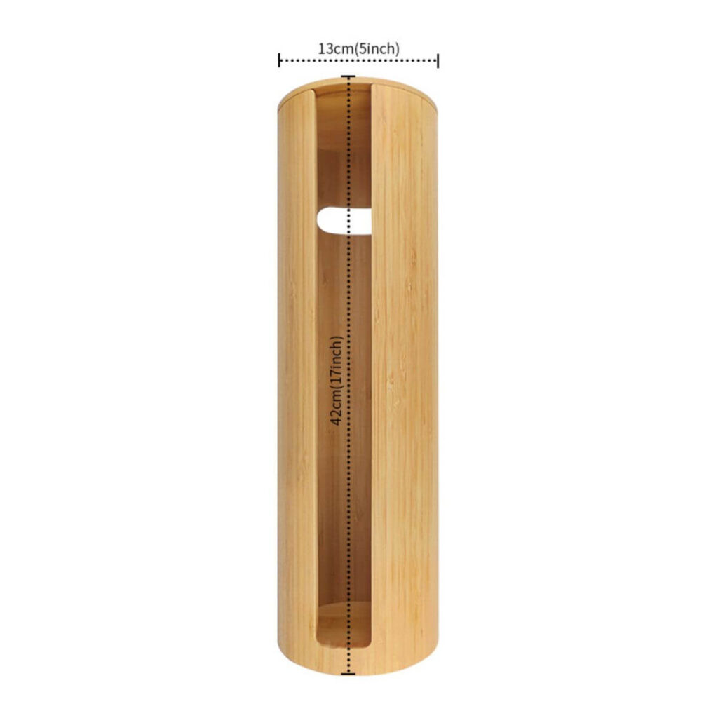 Bamboo toilet paper storage container dimensions: 17 inch height, 5 inch diameter.