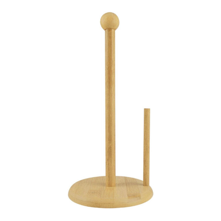 Double-post bamboo paper towel holder with anti-unroll bar, front view on white background.