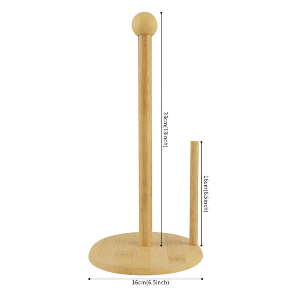 Double-post bamboo paper towel holder dimensions: 13 inch main post, 6.5 inch short bar, 6.5 inch base.
