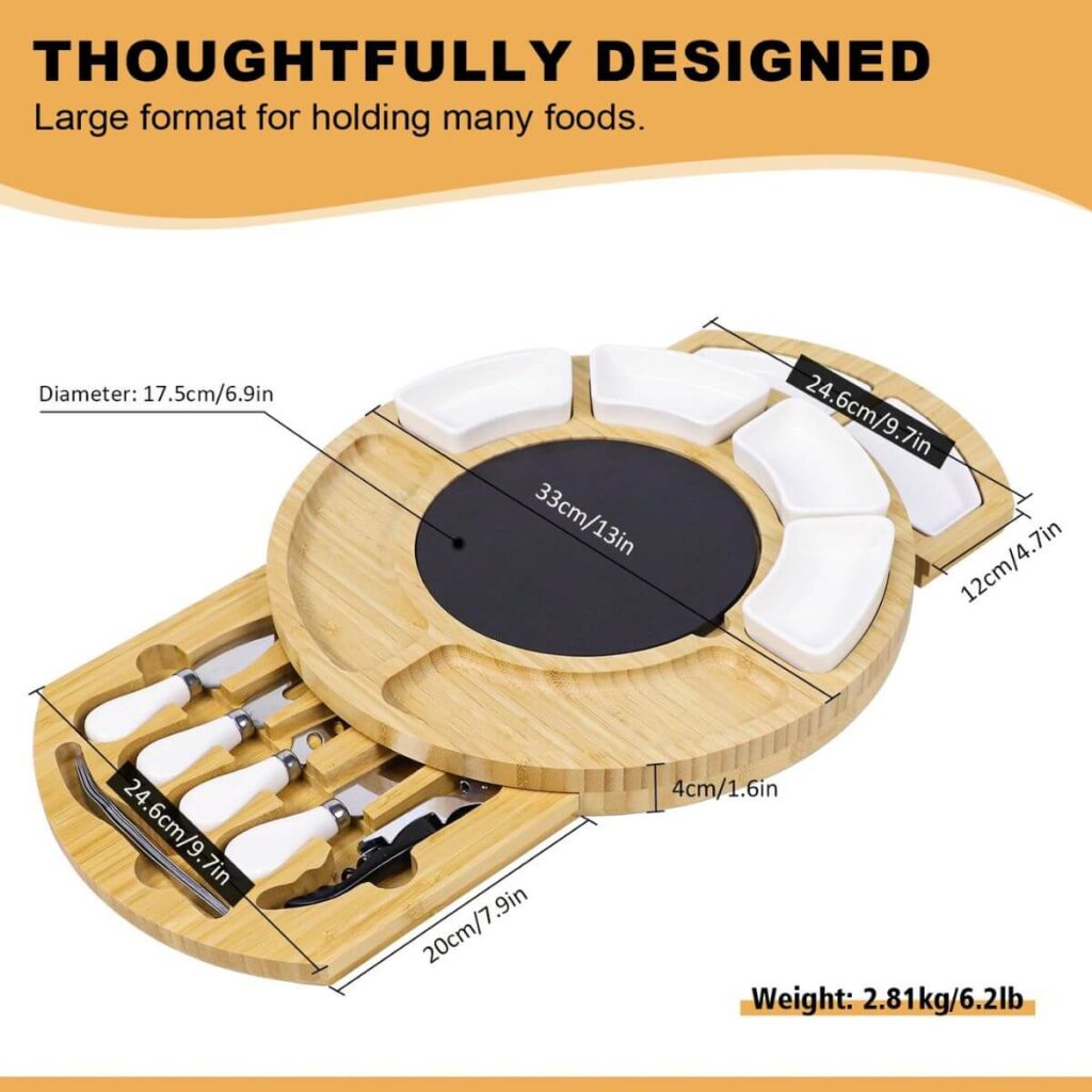 Dual-slide bamboo charcuterie station dimensions: 21.5 inch closed length, 13 inch diameter, 1.6 inch height, 6.2 lbs.