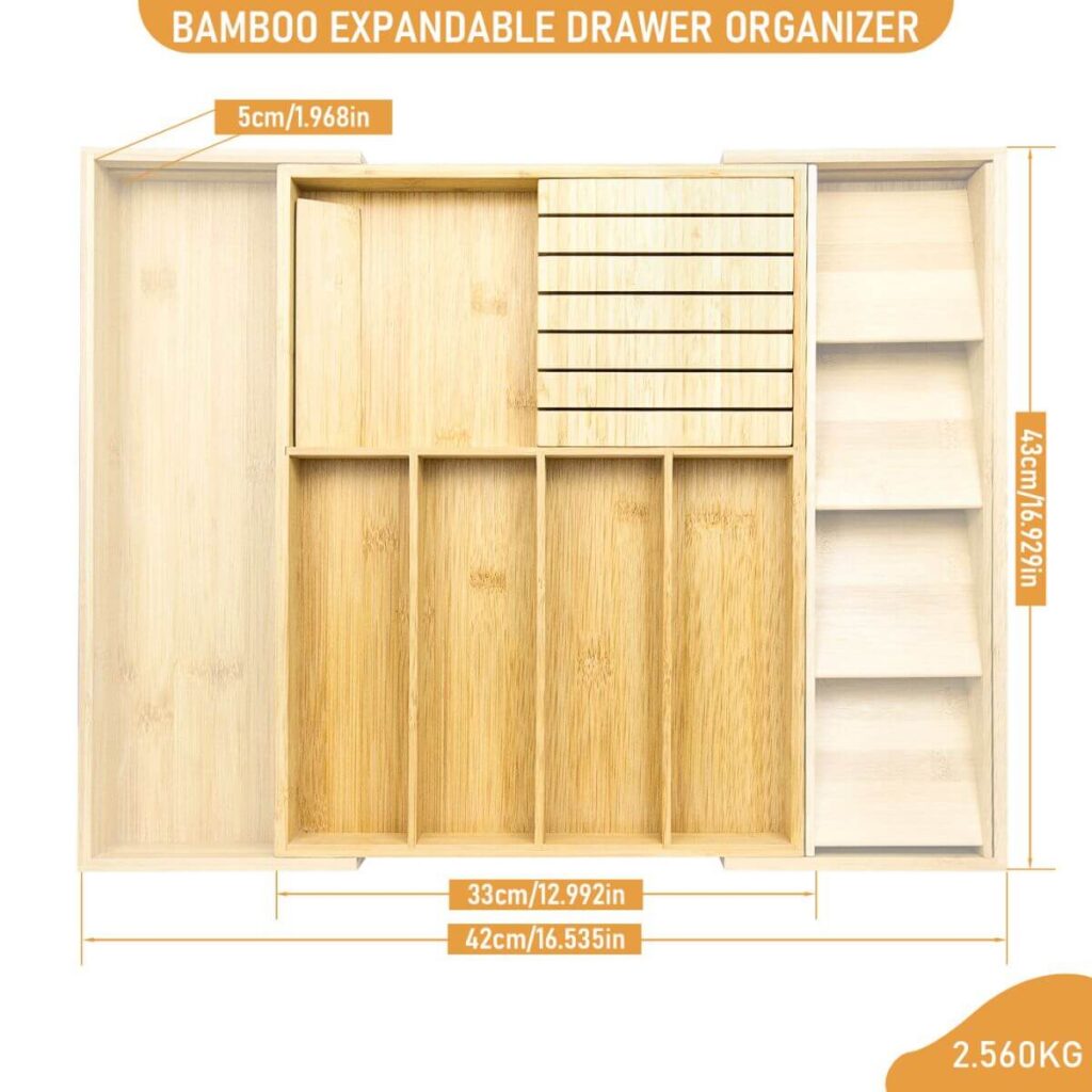 Expandable bamboo organizer dimensions: 33–42 cm wide, 43 cm deep, 5 cm high.