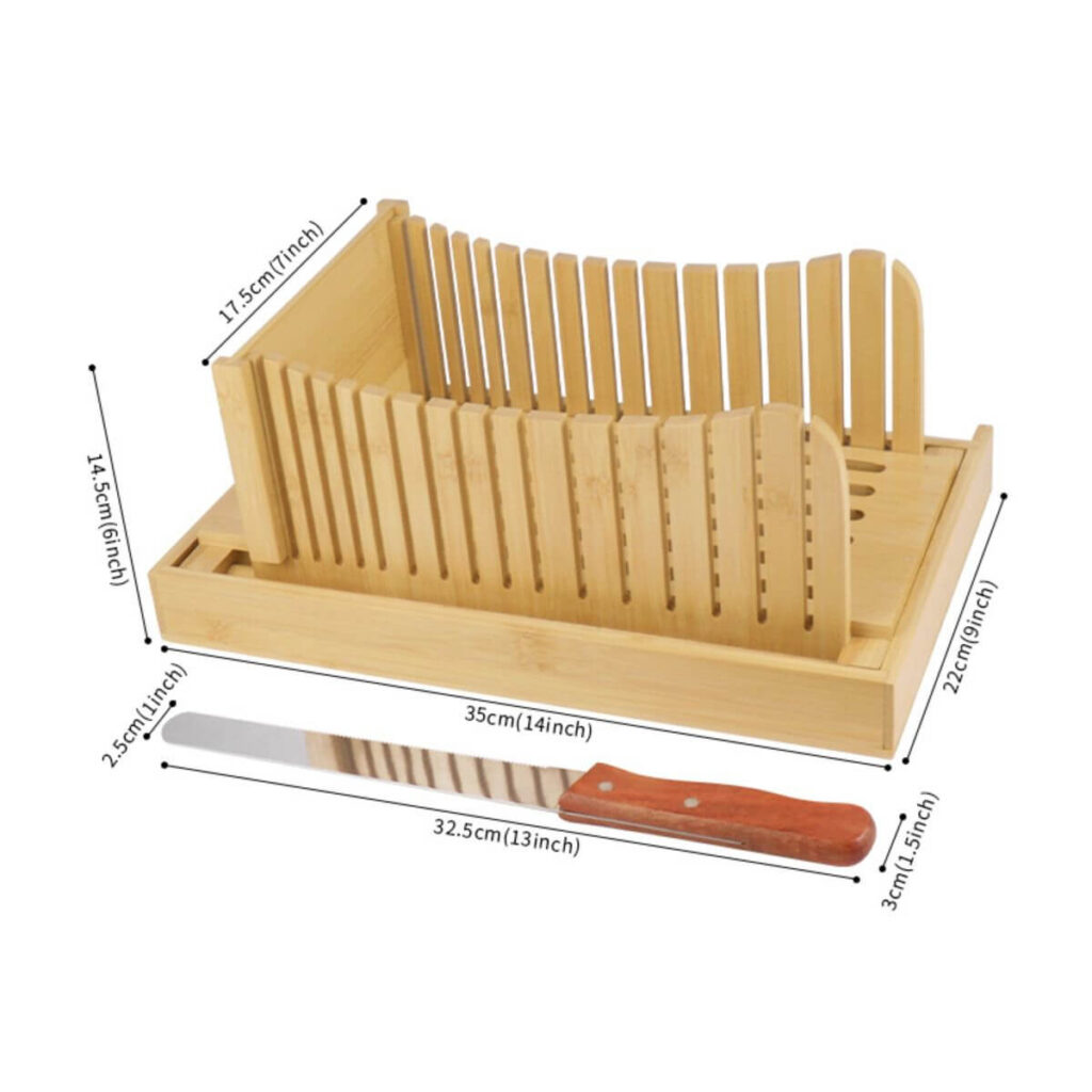 Foldable bamboo bread slicer dimensions: base tray 14 x 9 x 1 inches, overall height 6 inches, slicing width 7 inches, knife 13 inches.