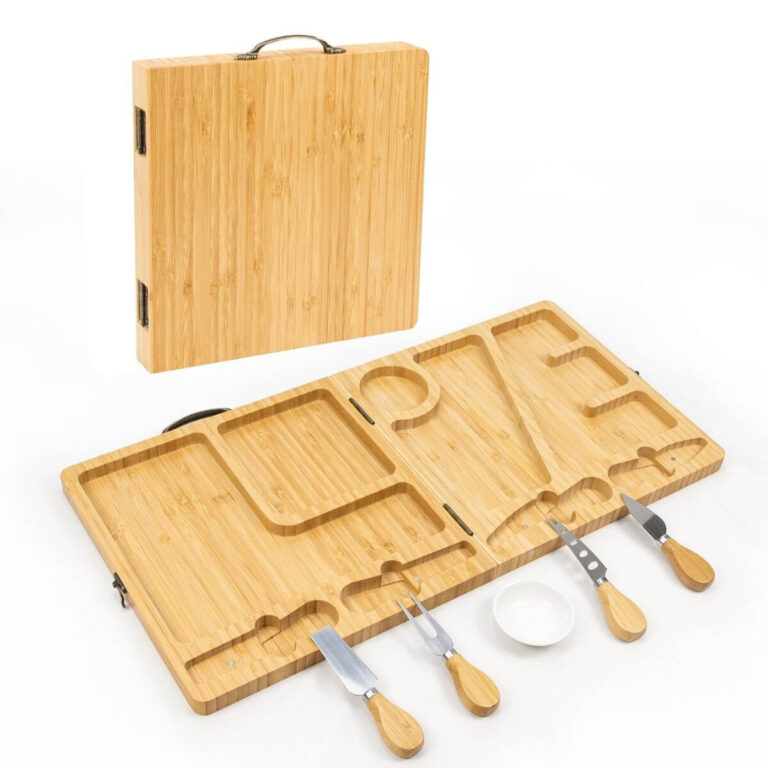 Foldable bamboo cheese board set shown open and folded, white background.