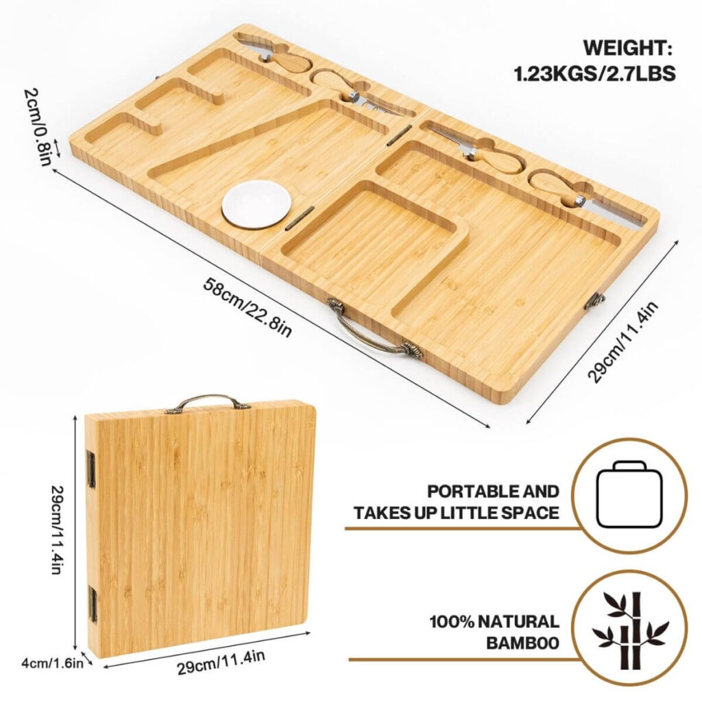 Foldable bamboo cheese board set dimensions: open 58 x 29 x 2 cm, folded 29 x 29 x 4 cm, 1.23 kg.