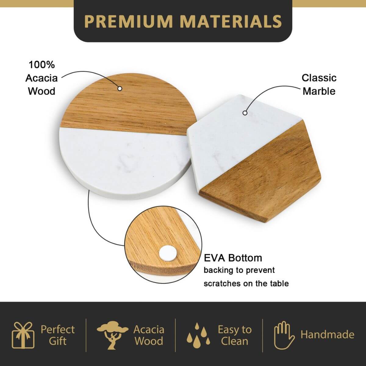 Features: 100% acacia wood, classic marble, non-slip pads, perfect gift, handmade, easy to clean.