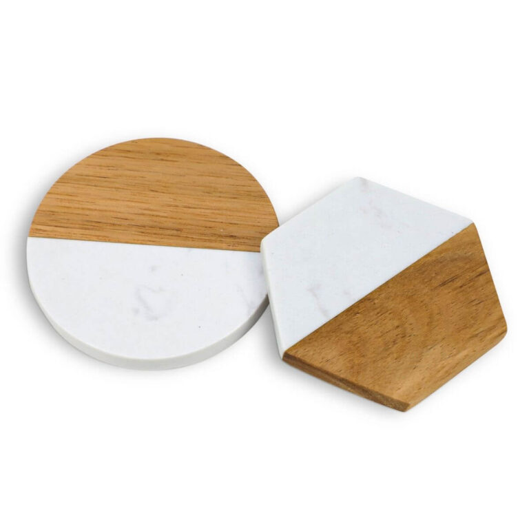 Marble and acacia wood coasters in round and hexagon shapes with non-slip pads, on white background.