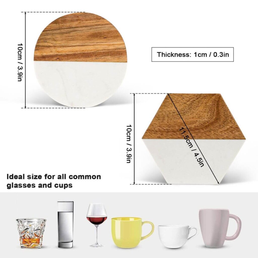 Coaster dimensions: round 3.9 inch diameter, hexagon 4.5 inch diagonal, 0.3 inch thick.