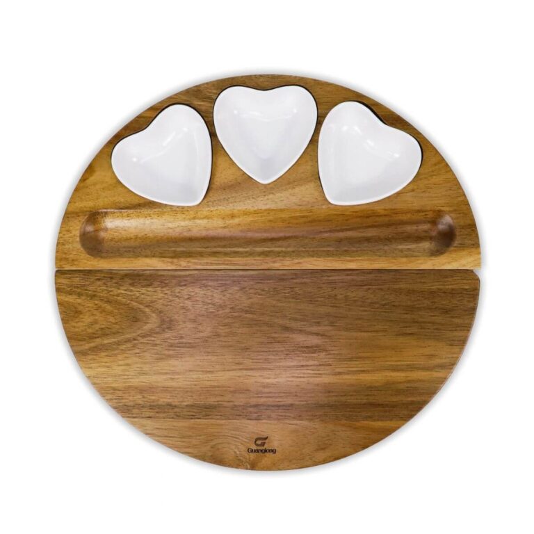 Heart Bowl Swivel Acacia Board with Gold Cutlery