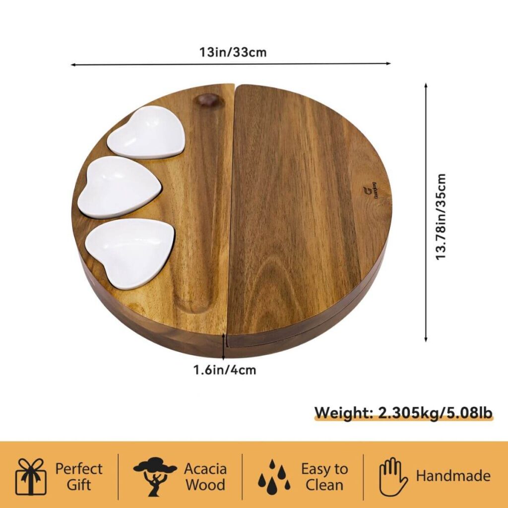 Heart bowl swivel acacia board dimensions: 13.78 x 13 x 1.6 inches, 5.08 lbs.