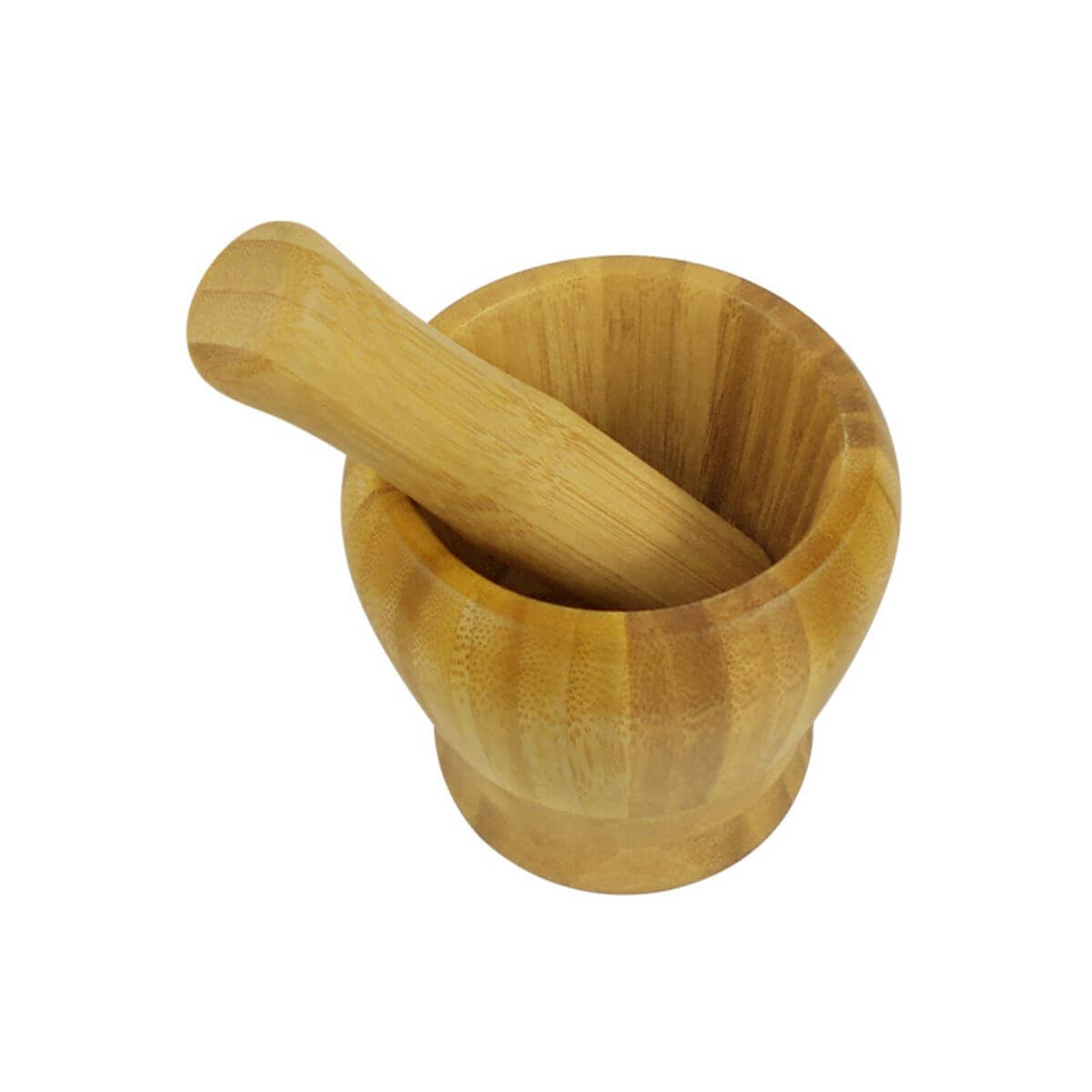 Inside view of the large bamboo mortar bowl showing smooth interior.