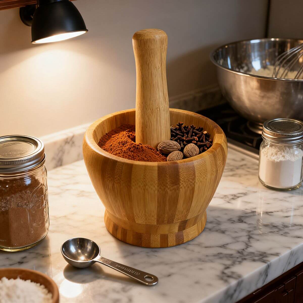 Large bamboo mortar and pestle used for crushing garlic and ginger.