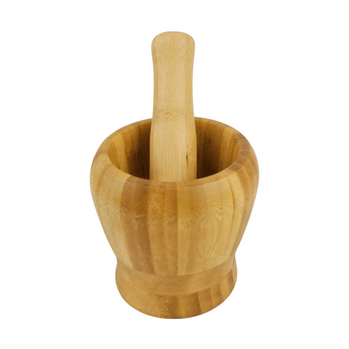 Side view of the large bamboo mortar and pestle set showing thick walls.