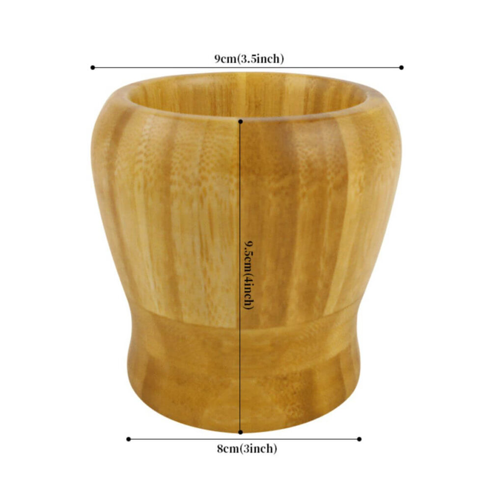 Large bamboo mortar dimensions: 3.5 inch top diameter, 4 inch height, 3 inch base, 5.5 inch pestle.