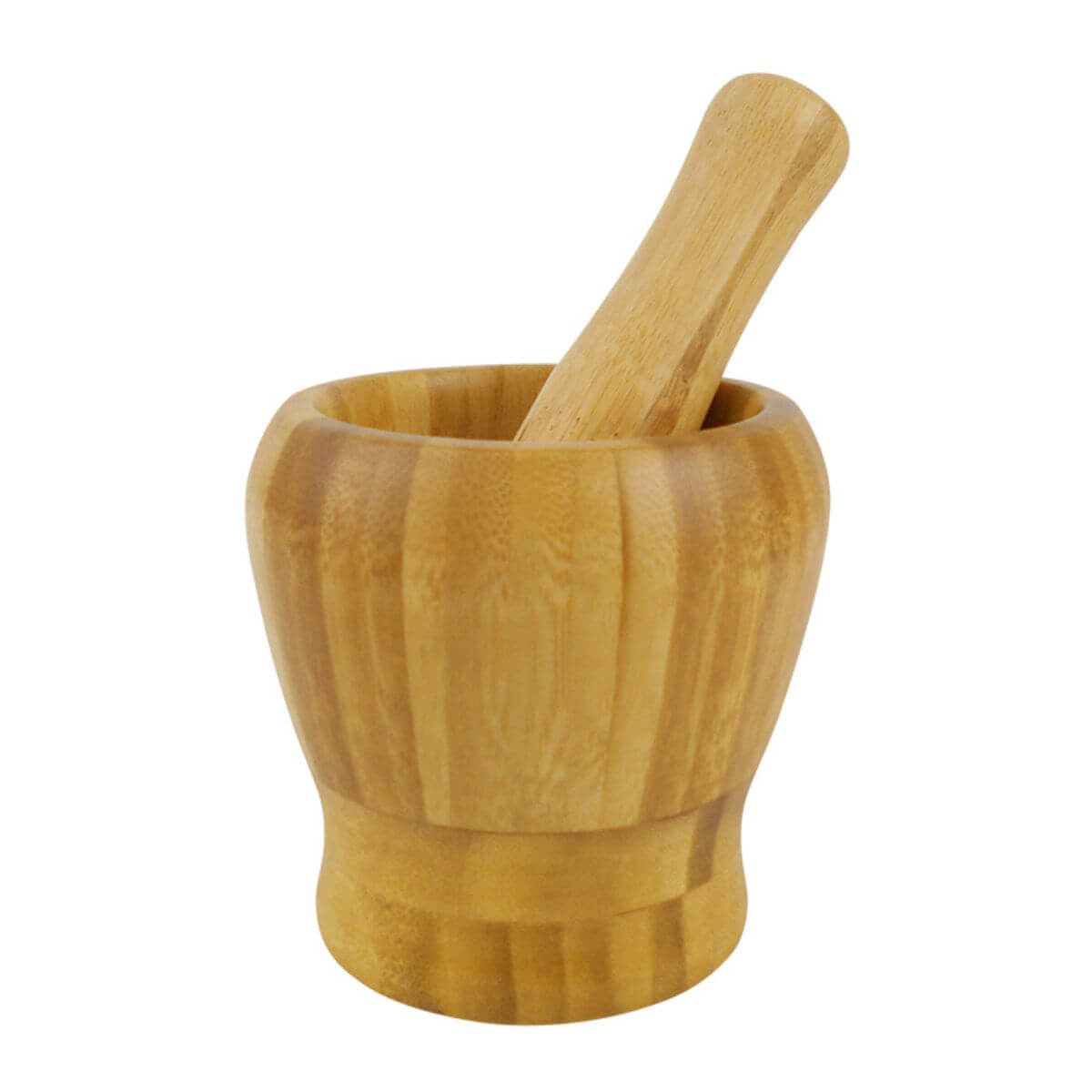 Large bamboo mortar and pestle set, front view on white background.