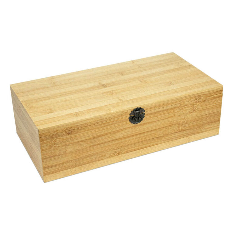 Large bamboo tea storage box with carved metal lock and removable side drawer, right side view on white background.