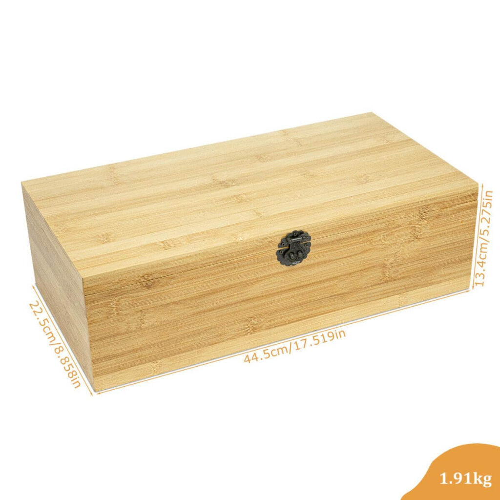 Large bamboo tea storage box dimensions: 44.5 x 22.5 x 13.4 cm, 1.91 kg.