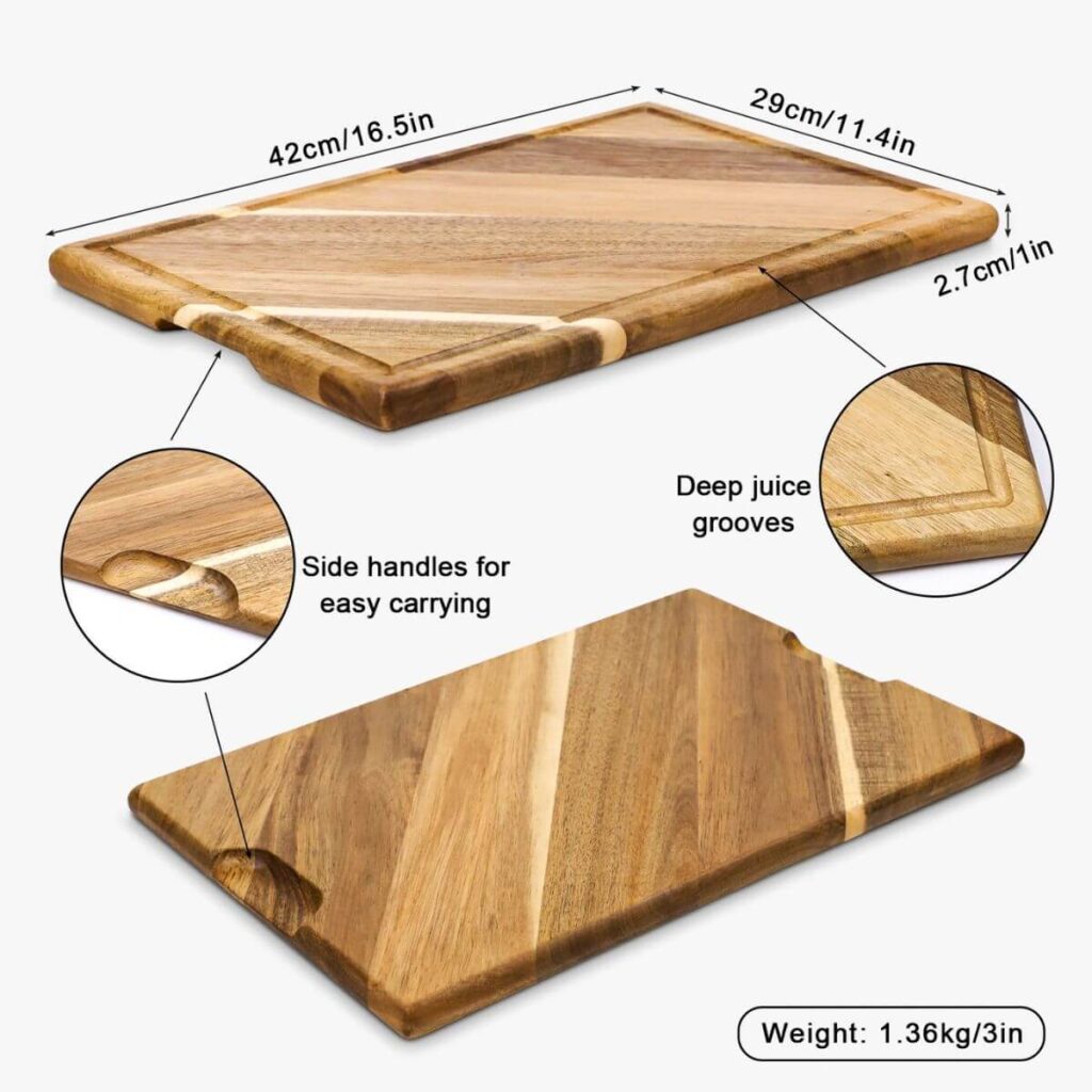 Large chevron acacia cutting board dimensions: 16.5 x 11.4 x 1 inches, 3 lbs.