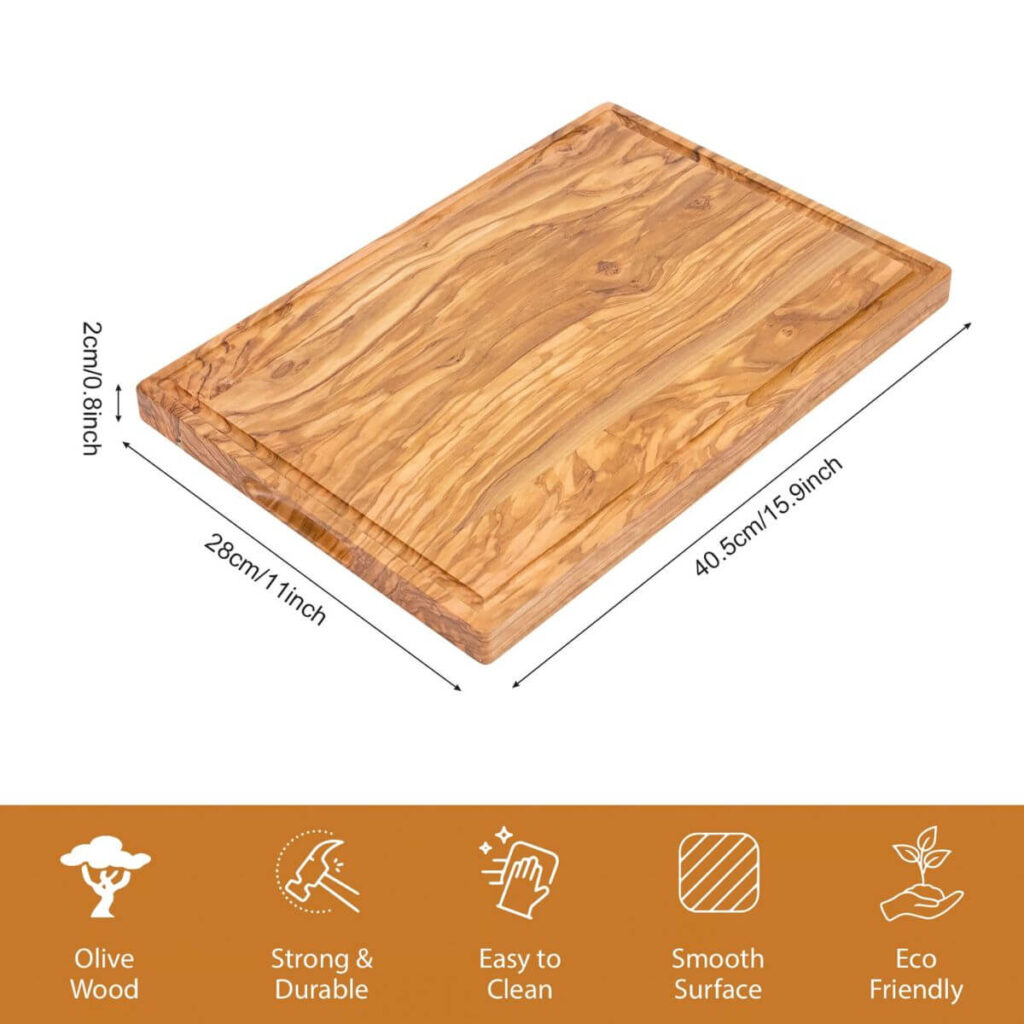 Large olive wood cutting board dimensions: 15.9 x 11 x 0.8 inches.