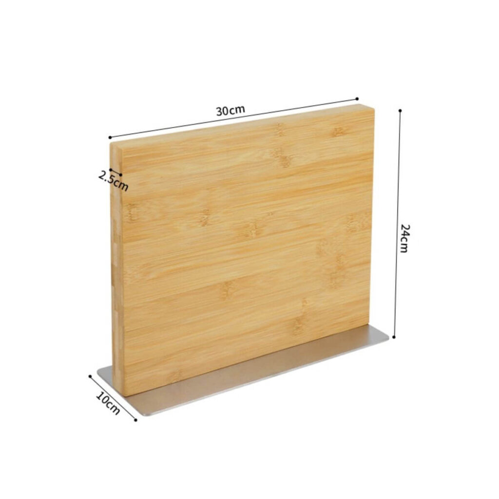 Magnetic bamboo knife holder dimensions: 11.8 x 3.9 x 9.4 inches, 1 inch board thickness.