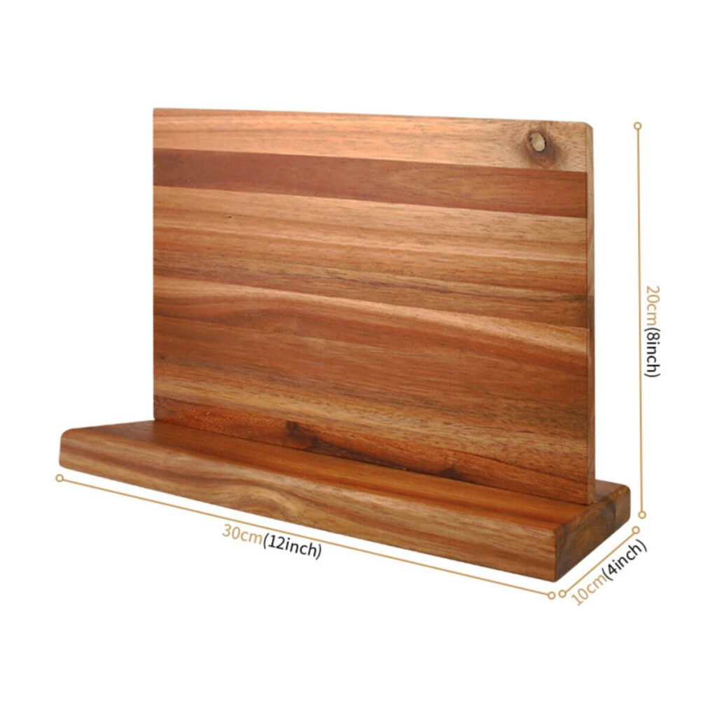 Magnetic acacia knife block dimensions: 12 x 8 x 4 inches.