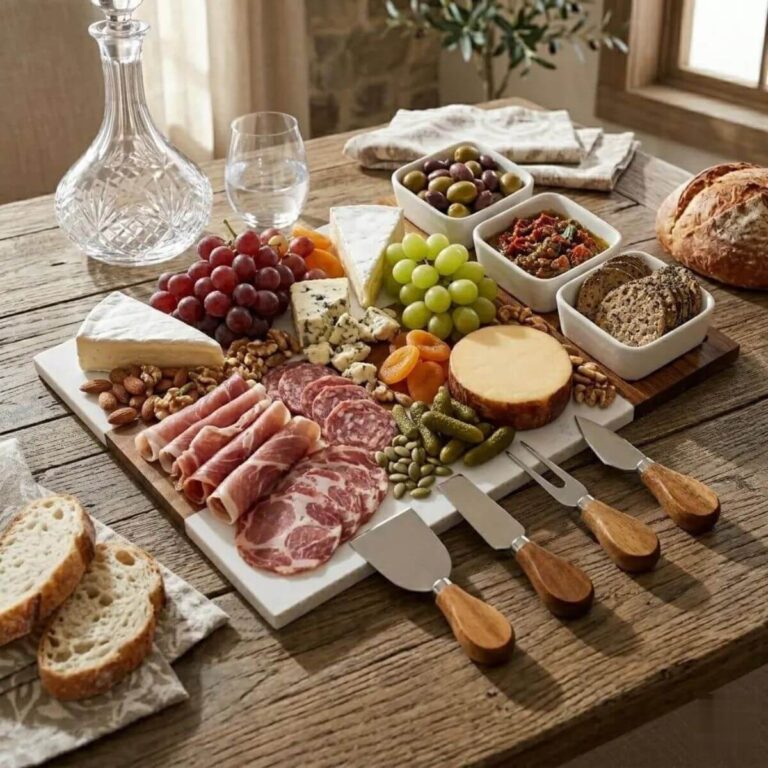 Marble and acacia wood charcuterie board set with four-section construction, 3 square ceramic bowls, and 4 acacia-handle cheese knives.