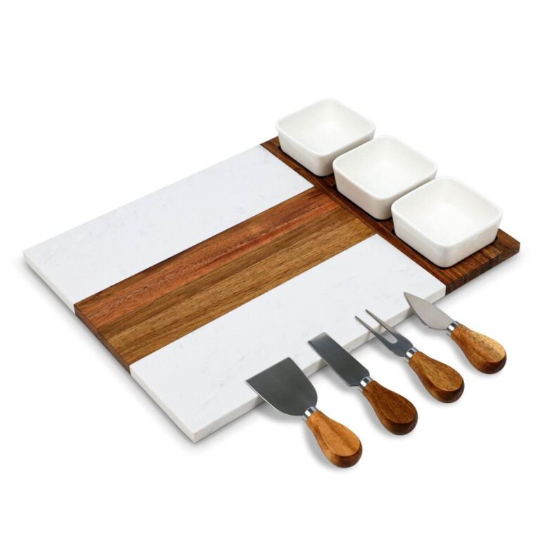 Marble & Acacia Charcuterie Board with Bowls & Knives