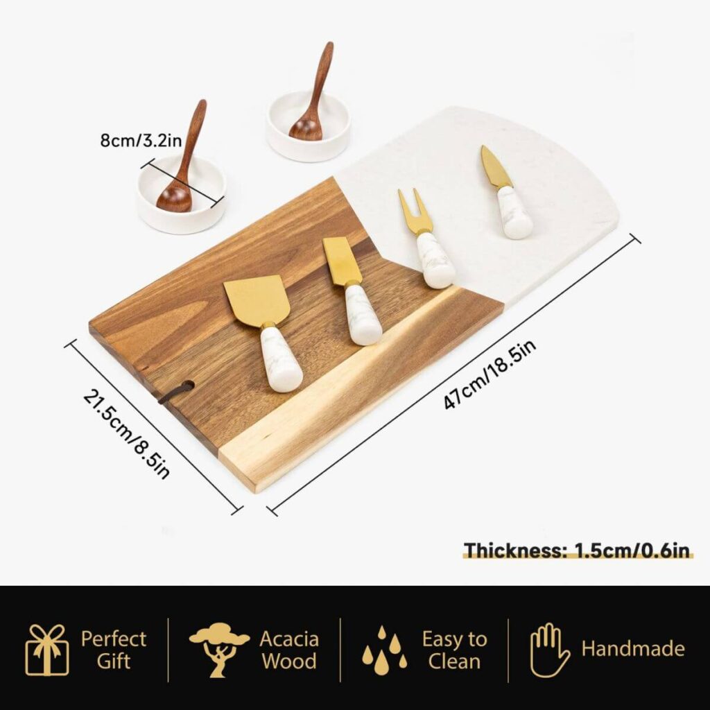 Marble and acacia charcuterie board set dimensions: 18.5 x 8.5 x 0.6 inches.