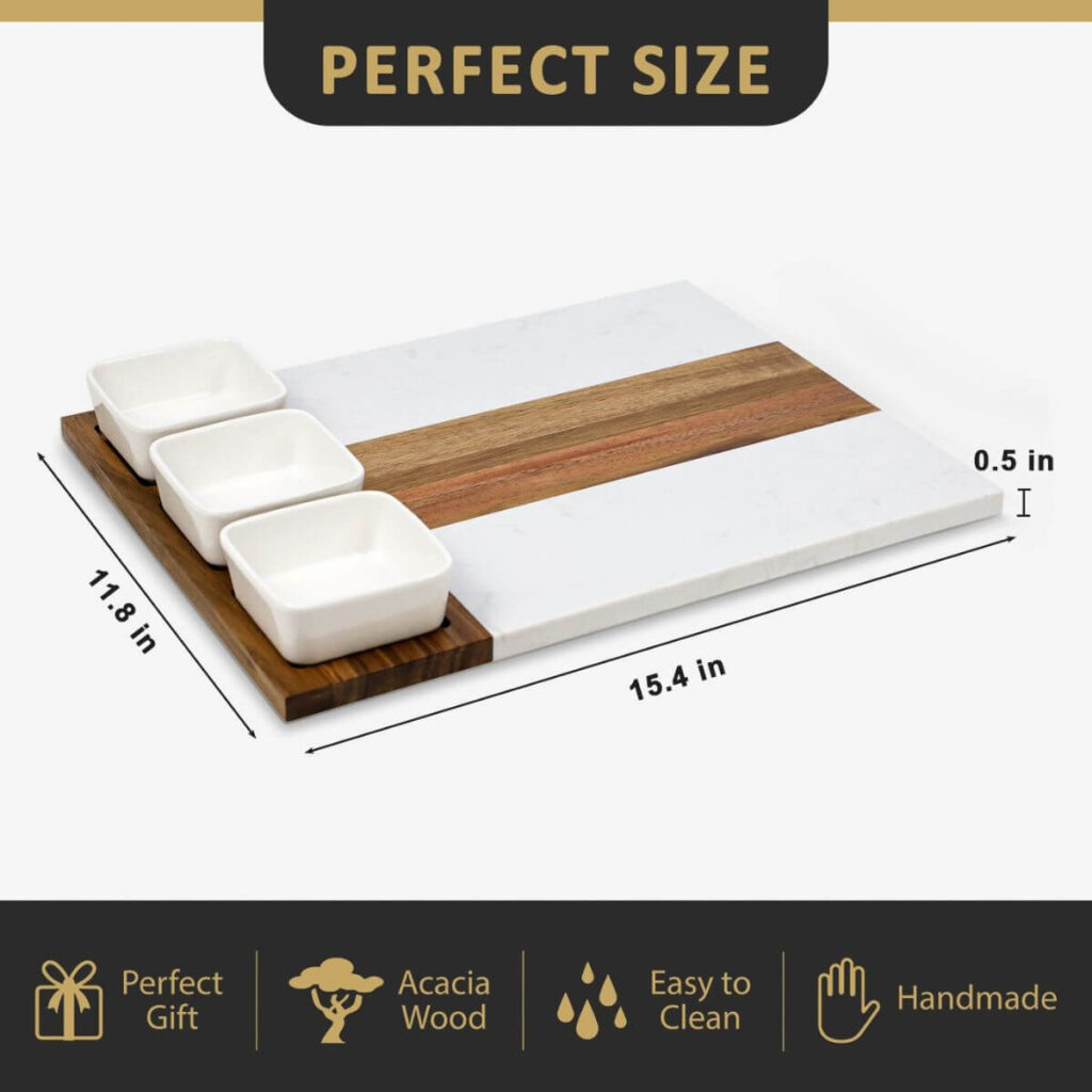 Marble and acacia charcuterie board dimensions: 15.4 x 11.8 x 0.5 inches.