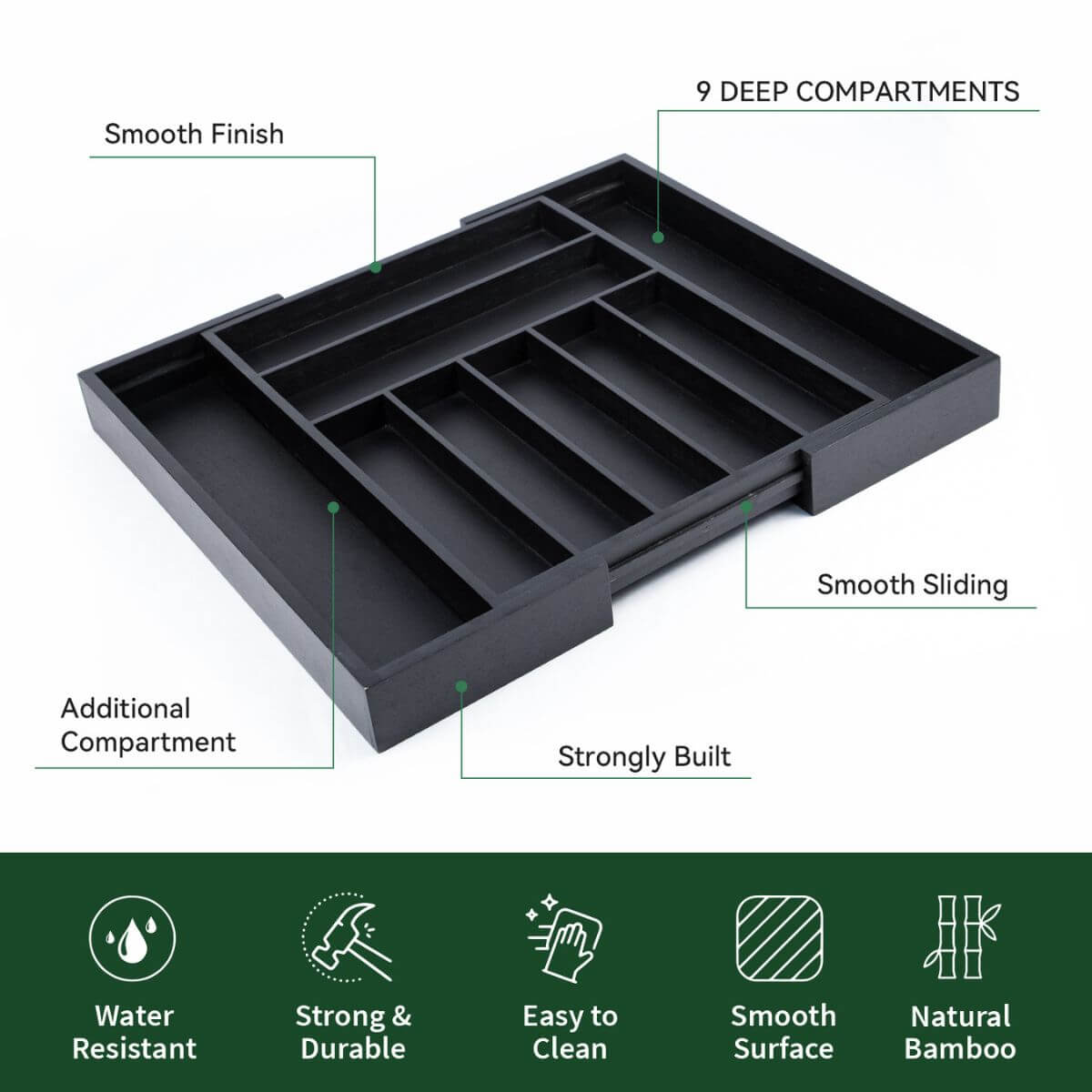Features: 9 deep compartments, smooth finish, smooth sliding, additional compartment, strongly built, water resistant, easy to clean, strong and durable, smooth surface, natural bamboo.