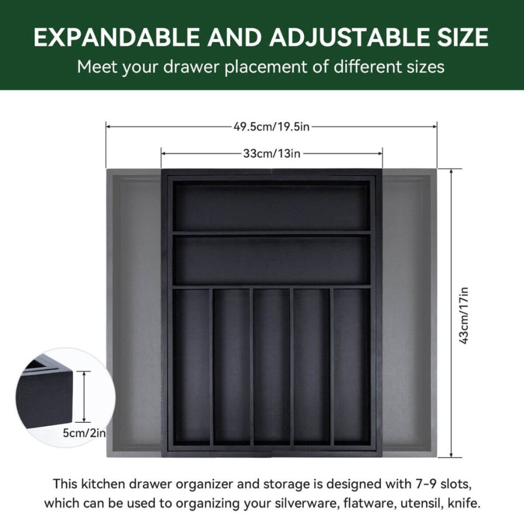 Matte black silverware tray dimensions: 33–49.5 cm wide, 43 cm deep, 5 cm high.