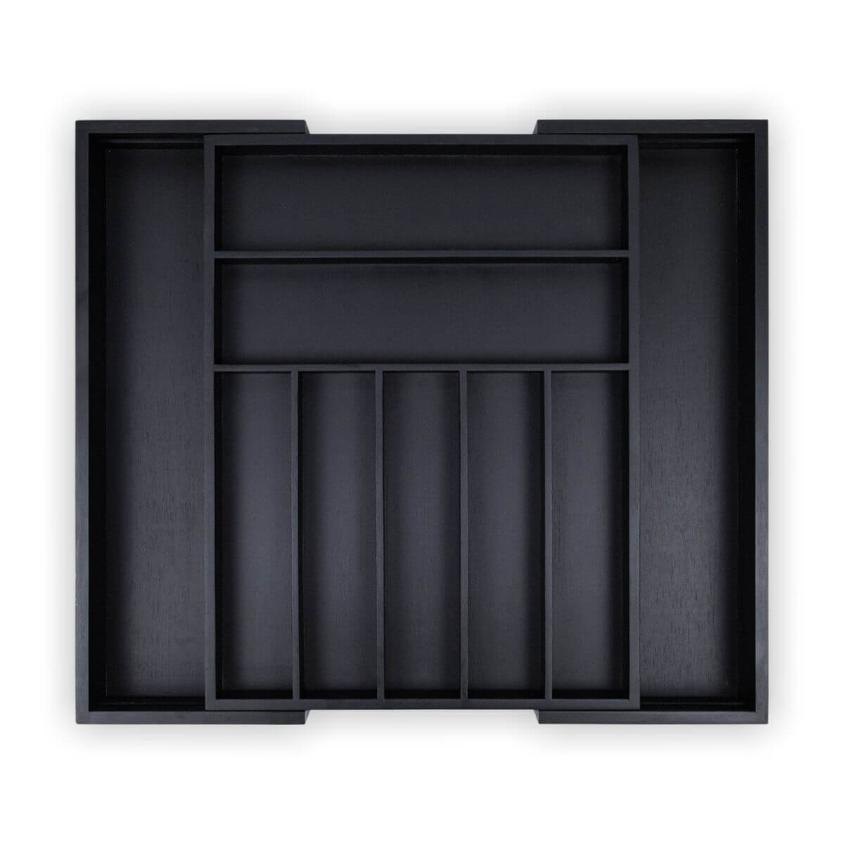 Matte black expandable silverware tray, front view on white background.