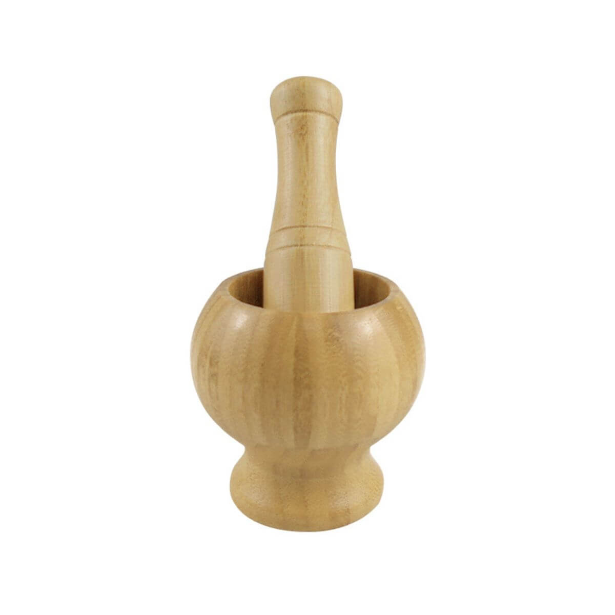 Side view of the medium bamboo mortar and pestle set showing the contoured shape.