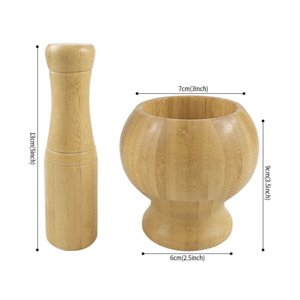 Medium bamboo mortar dimensions: 3 inch top diameter, 3.5 inch height, 2.5 inch base, 5 inch pestle.