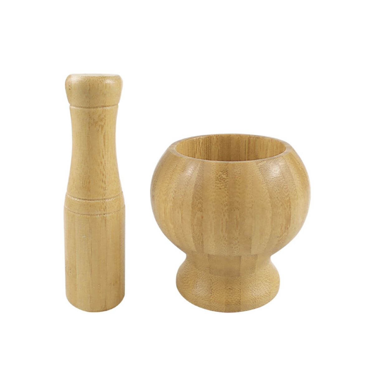 Medium bamboo mortar and pestle set, front view on white background.