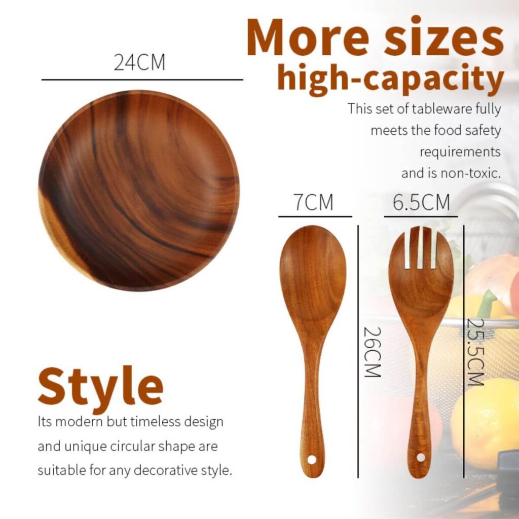 Minimalist acacia wood salad bowl dimensions: 9.4 inch diameter, spoon and fork sizes.