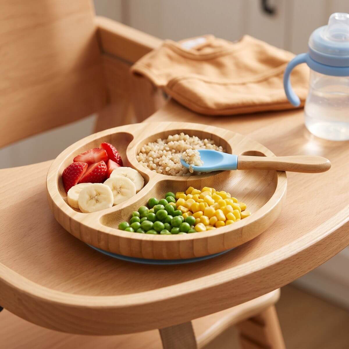 Round bamboo divided plate placed on a baby high chair.