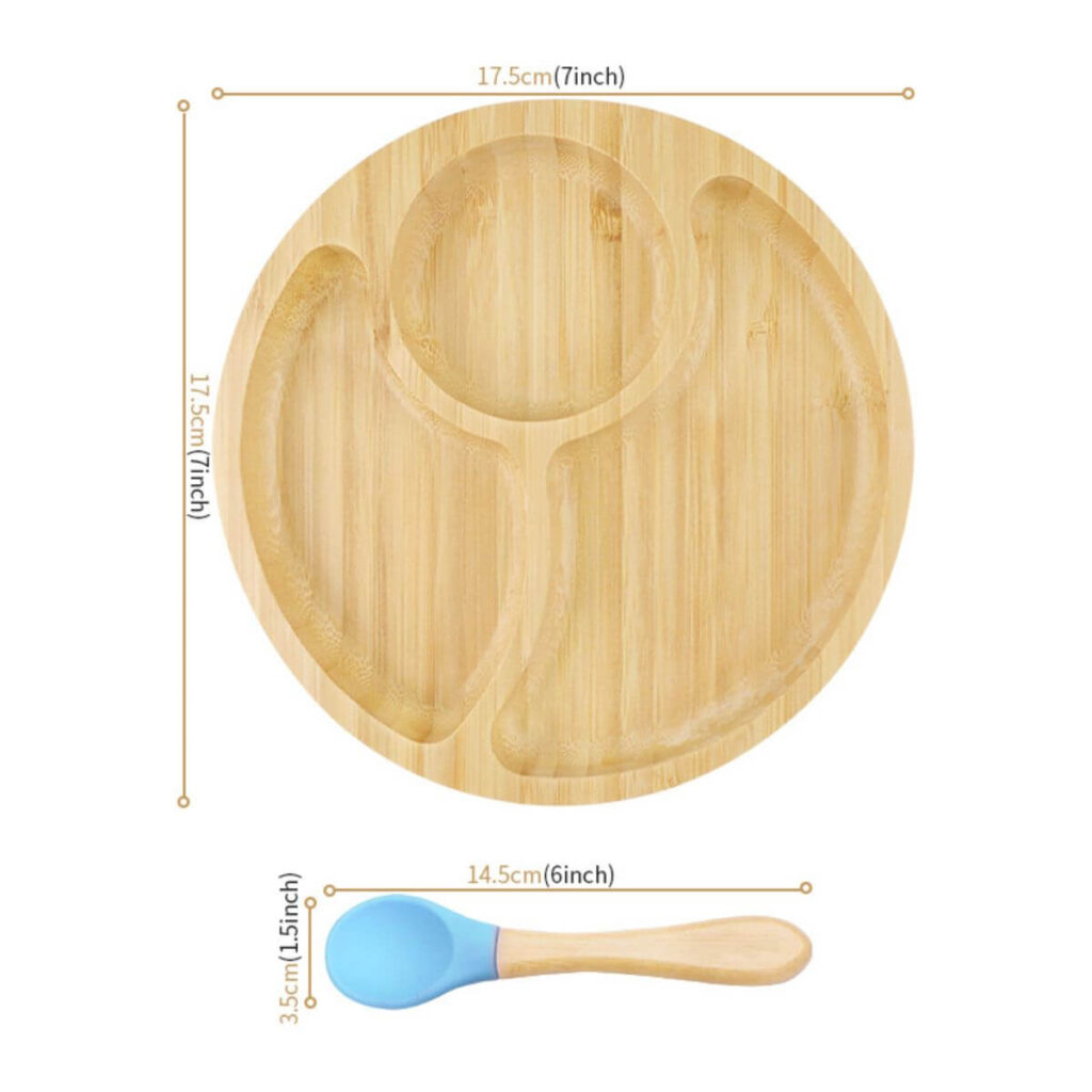 Round bamboo divided plate dimensions: 7 inch diameter, spoon 6 inch.