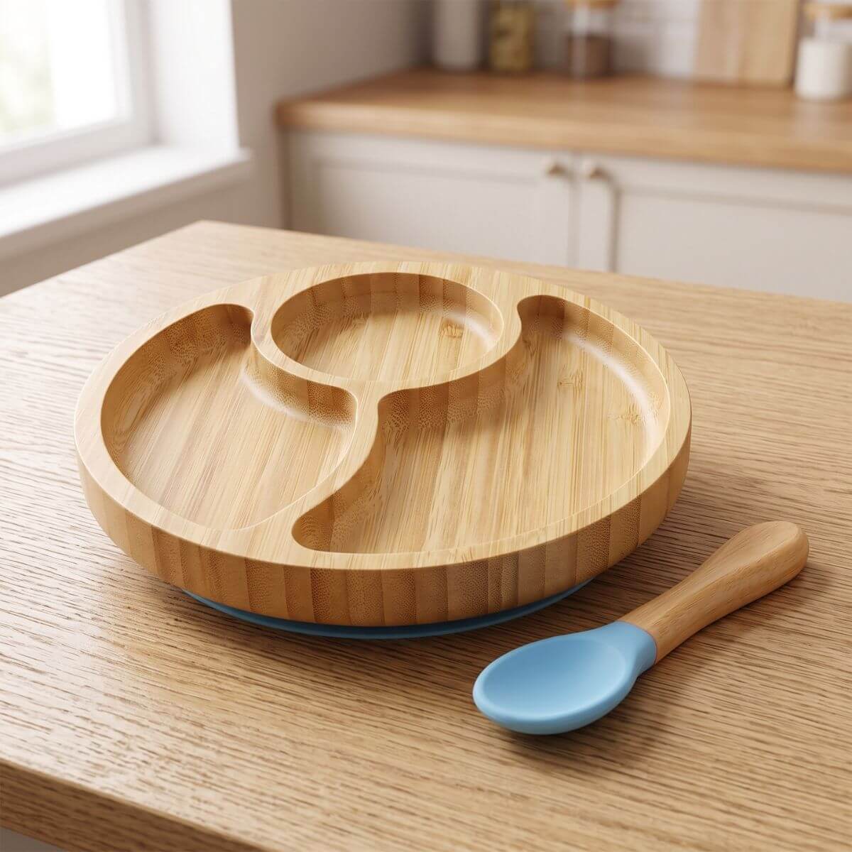 Round bamboo divided plate and spoon on a table.