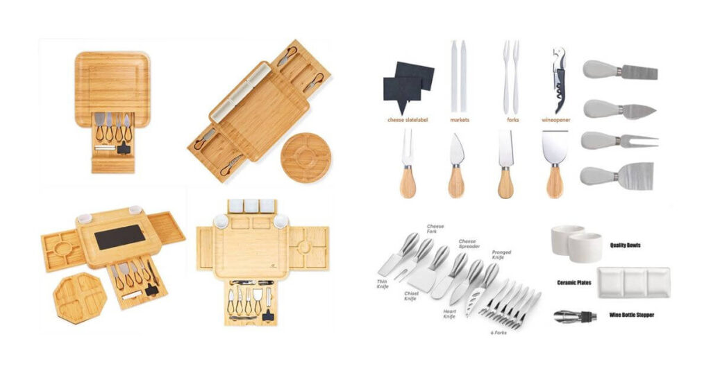 Four cheese boards on the left and four matching accessories on the right, representing MSL Bamboo's one-stop supply capability.