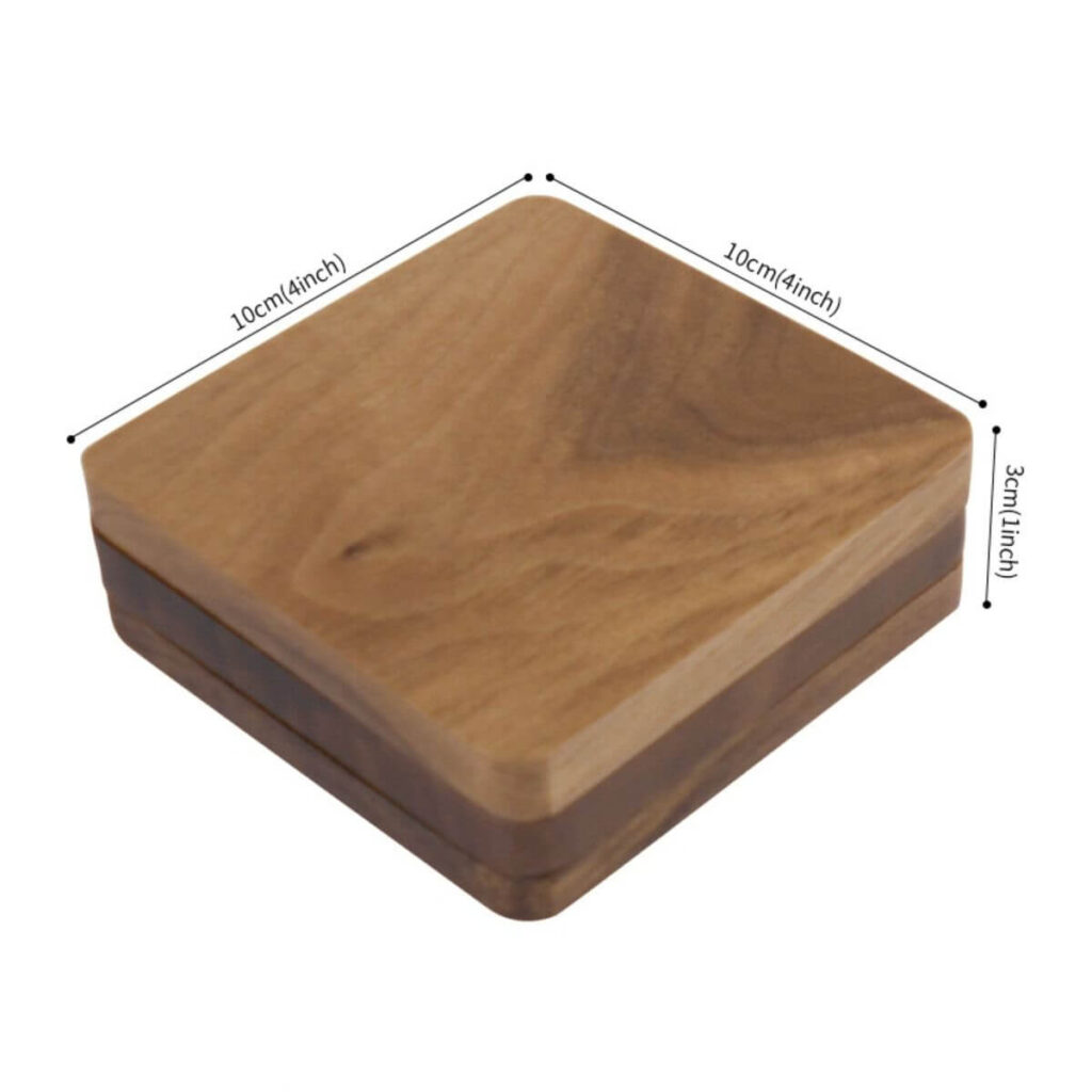 Multi-wood coaster dimensions: 4 x 4 inches each, 1 inch total stacked height.