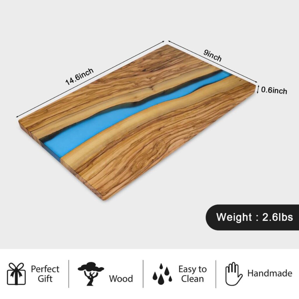 Olive wood charcuterie board dimensions: 14.6 x 9 x 0.6 inches, 2.6 lbs.