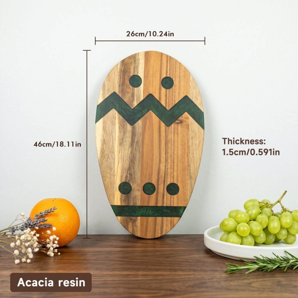 Oval acacia resin board dimensions: 46 x 26 x 1.5 cm.
