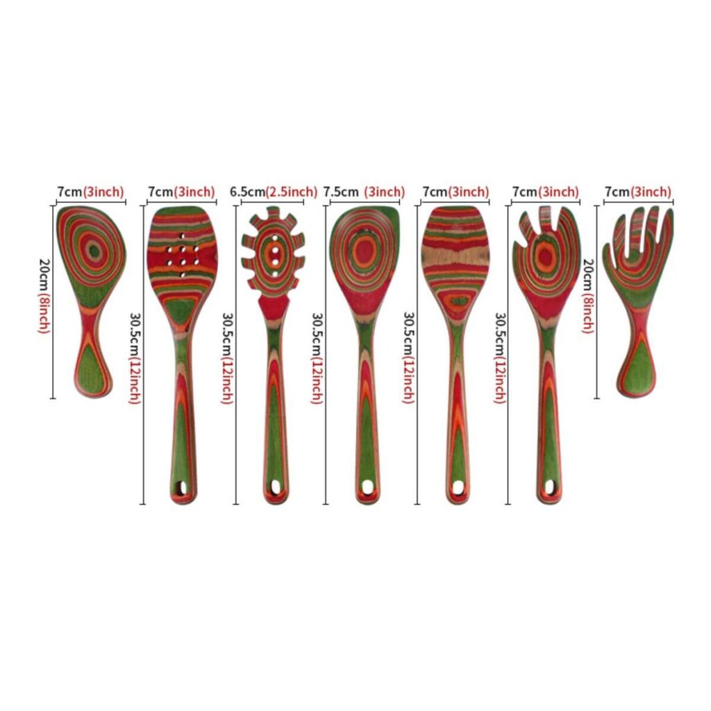 7-piece colored Pakkawood salad server set dimensions.