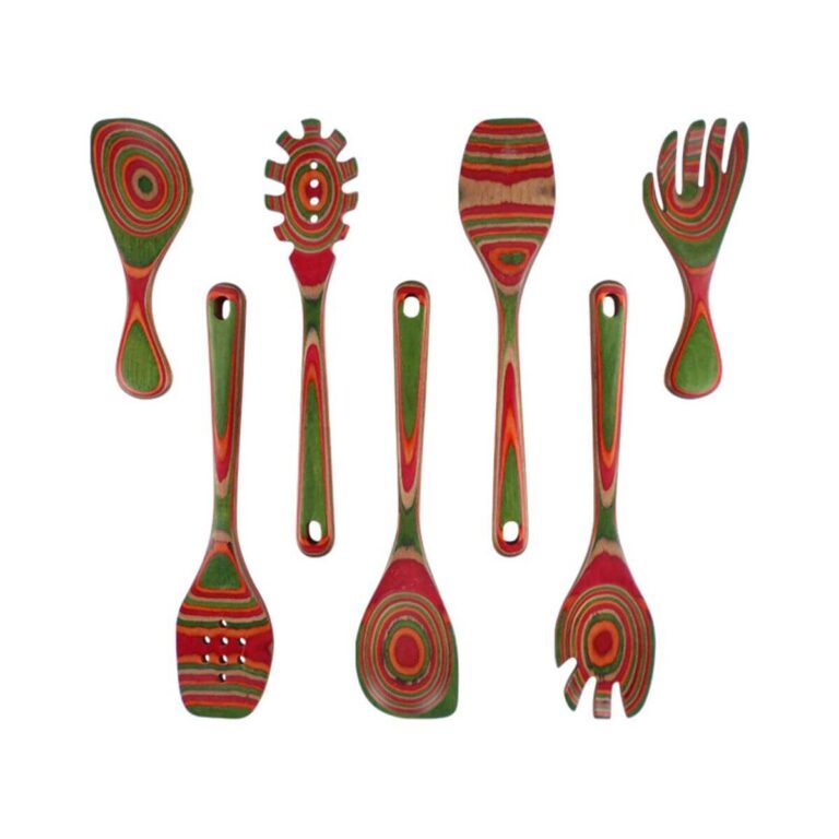7-Piece Colored Pakkawood Salad Server & Dessert Spoon Set
