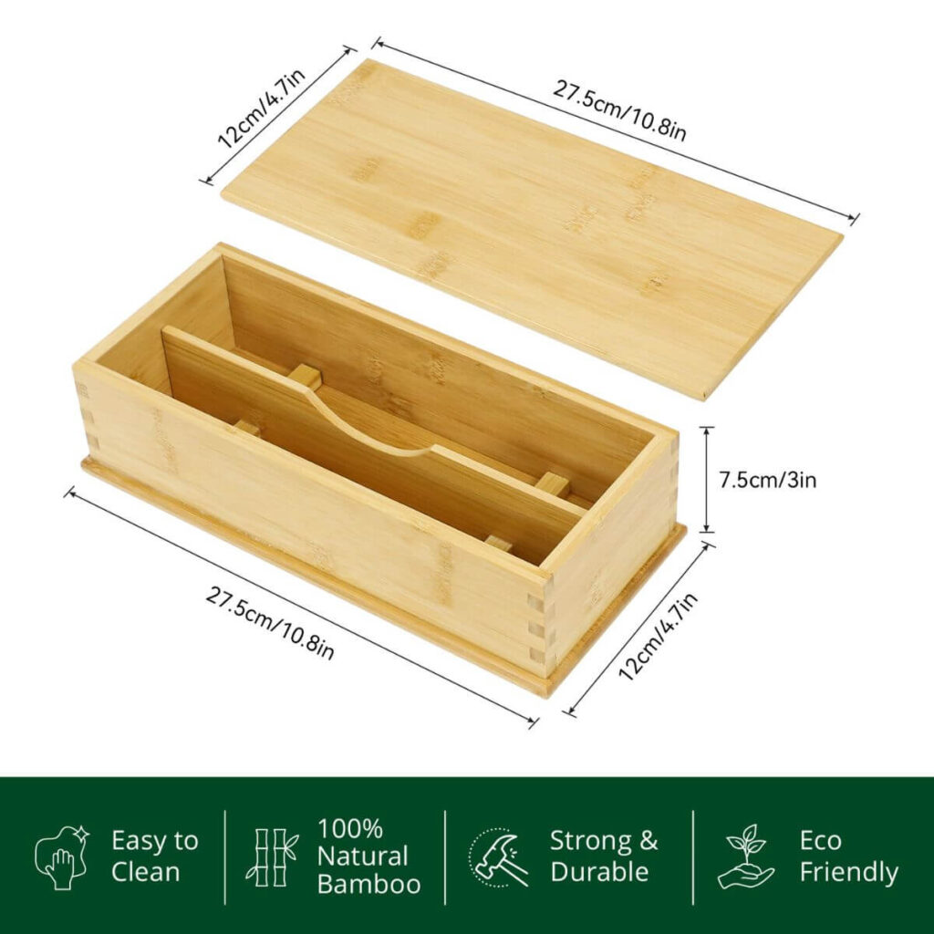 Portable bamboo flatware box dimensions: 27.5 x 12 x 7.5 cm.