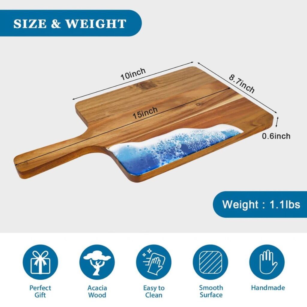 Rectangular acacia resin serving board dimensions: 15 inch total length, 10 x 8.7 inch board surface, 0.6 inch thick.