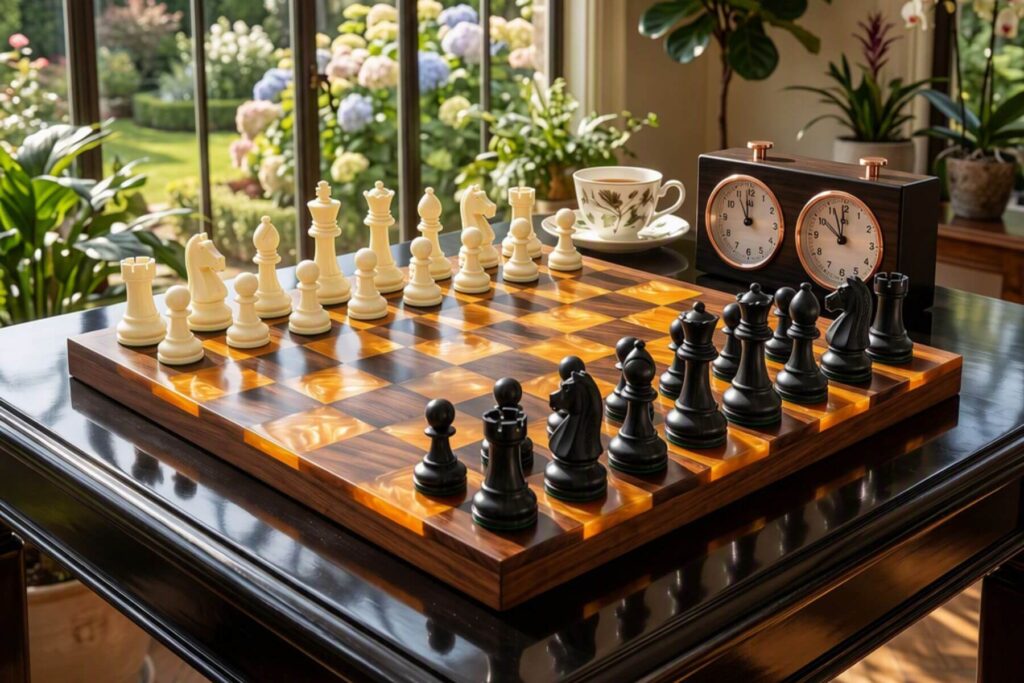 Chessboard resin overlay board with alternating wood and resin squares under a clear topcoat