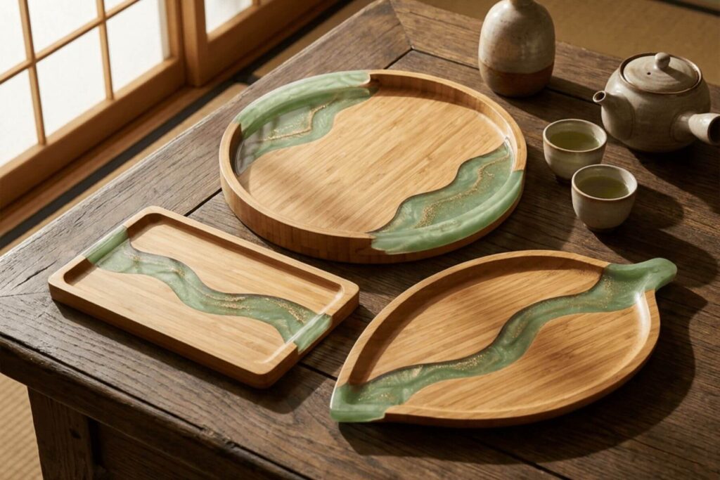 Resin inlay board with custom shapes routed into solid wood and filled with colored resin