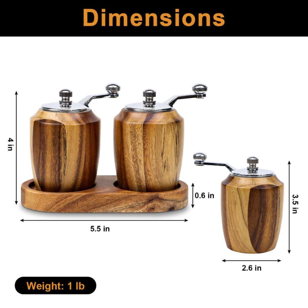 Retro crank-handle grinder dimensions: 4 inch height, 2.6 inch diameter, 5.5 x 0.6 inch base.